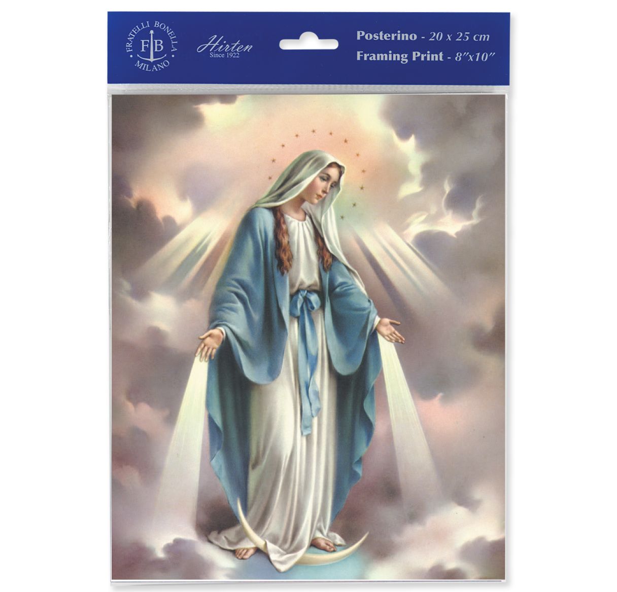 Framing print of a religious figure in a blue and white robe with a blue border and 'FB' logo.