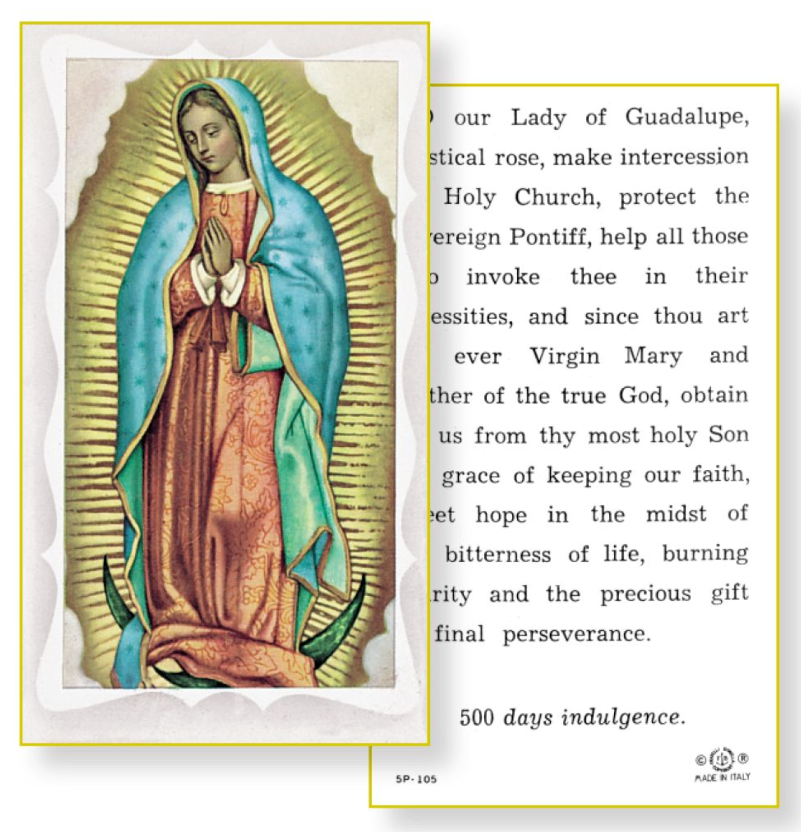 Image of Our Lady of Guadalupe with a prayer text on a white background