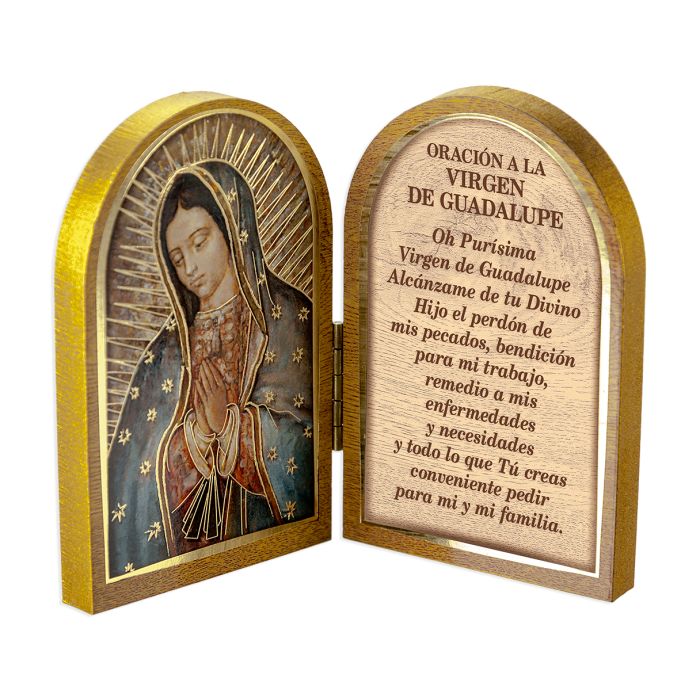 A gold-embossed natural wooden diptych featuring Our Lady of Guadalupe with a prayer in Spanish on the inner side of the panels.