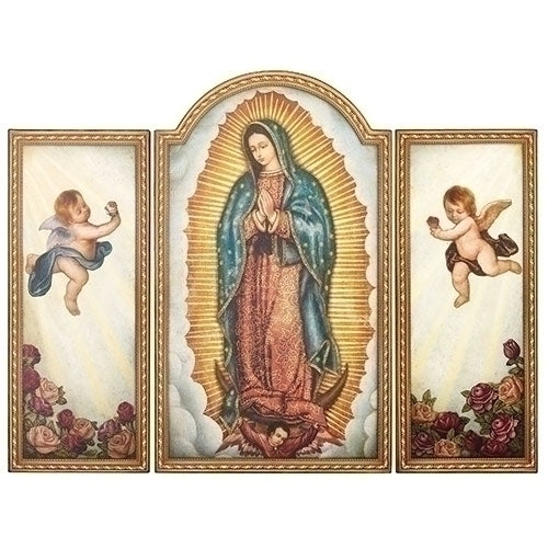 A triptych wall plaque featuring the image of Our Lady of Guadalupe with two cherubs on either side, set against a gold-colored frame.