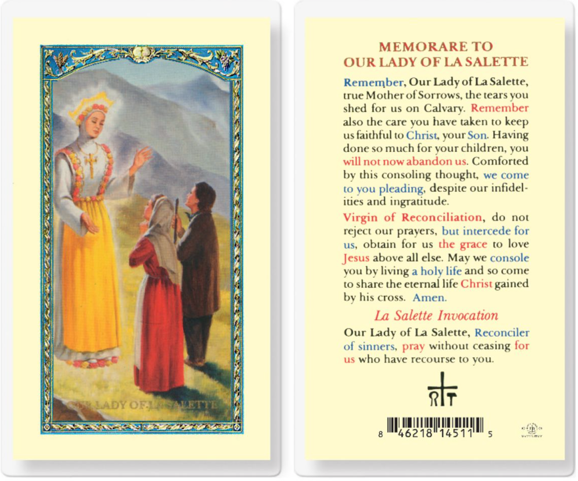 Prayer card featuring an illustration of Our Lady of La Salette with text on the back.