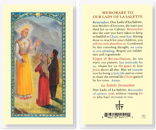 Prayer card featuring an illustration of Our Lady of La Salette with text on the back.