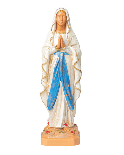 Statue of a religious figure with a blue mantle on a white background