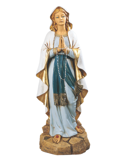 Statue of a religious figure in a white and gold robe with a blue shawl on a white background