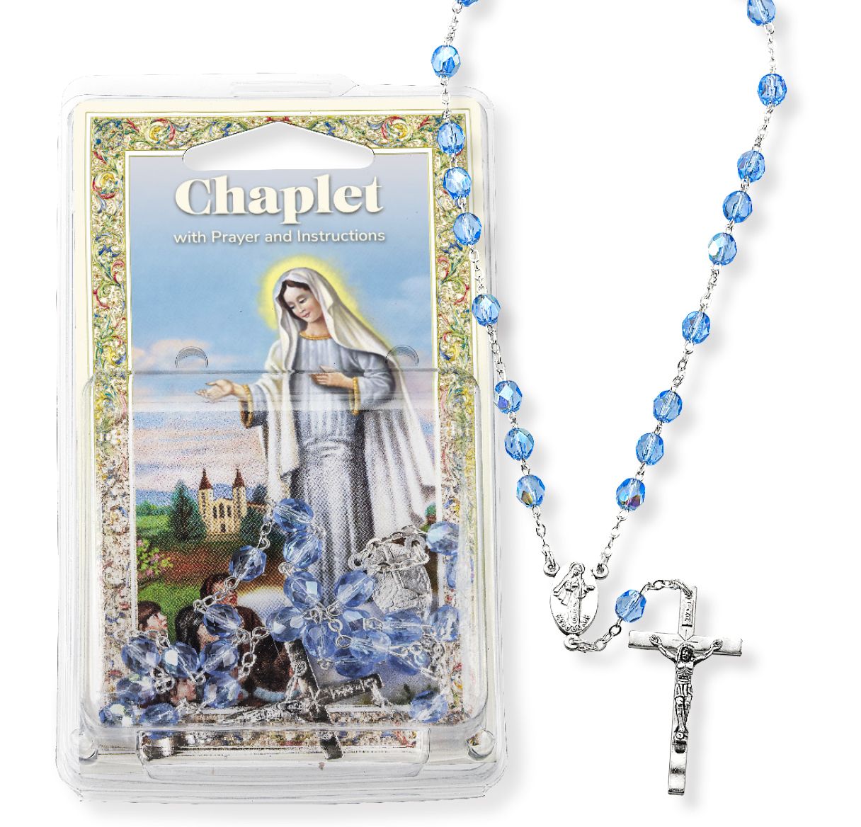 Blue rosary with chaplet featuring an image of a religious figure on a white background