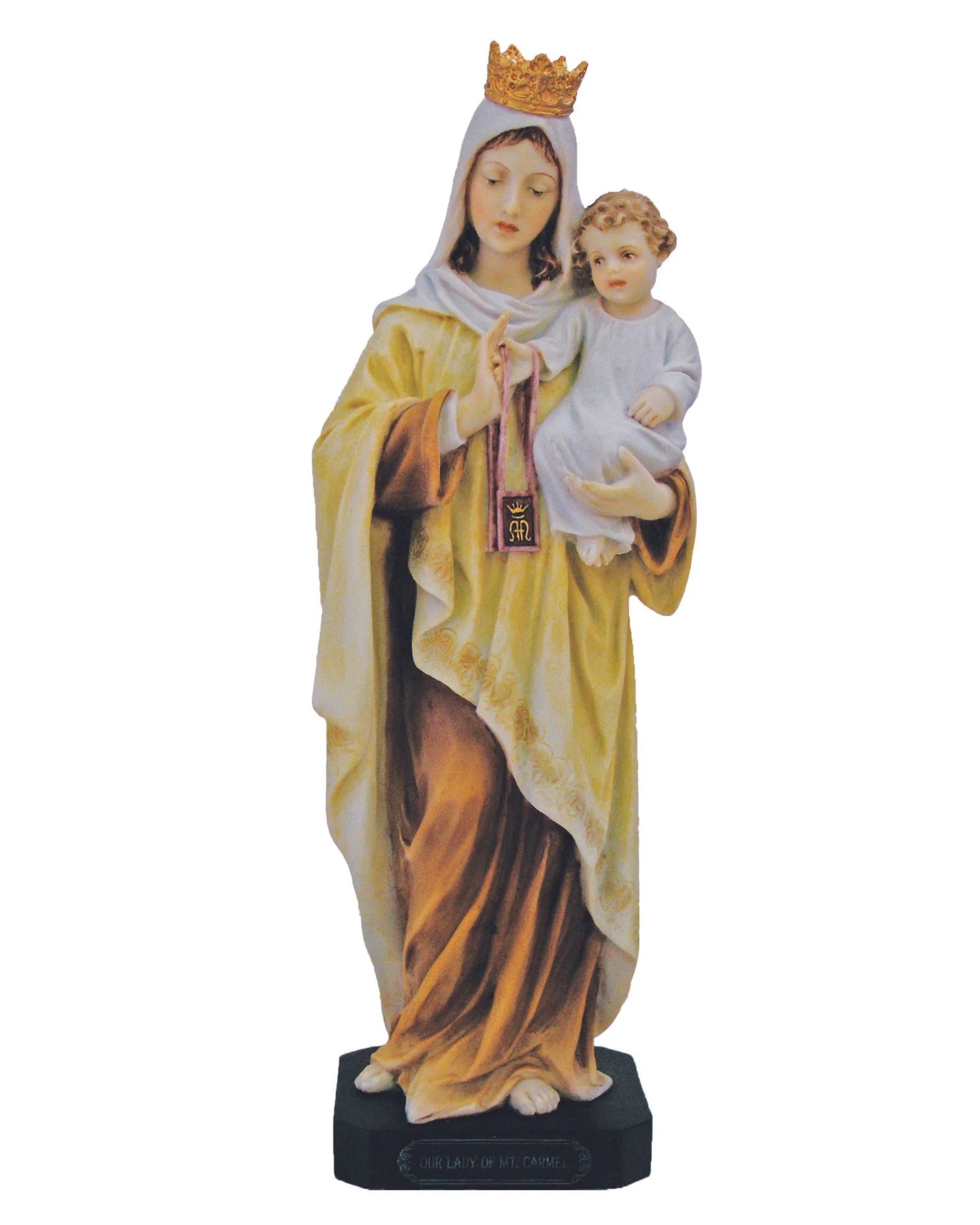 Statue of a woman holding a child with a crown on a white background