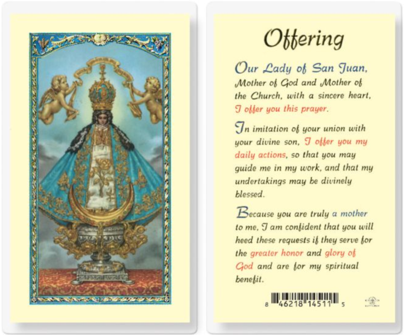 Devotional card featuring Our Lady of San Juan with prayer text on a light blue background
