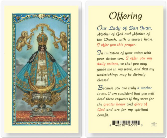 Devotional card featuring Our Lady of San Juan with prayer text on a light blue background