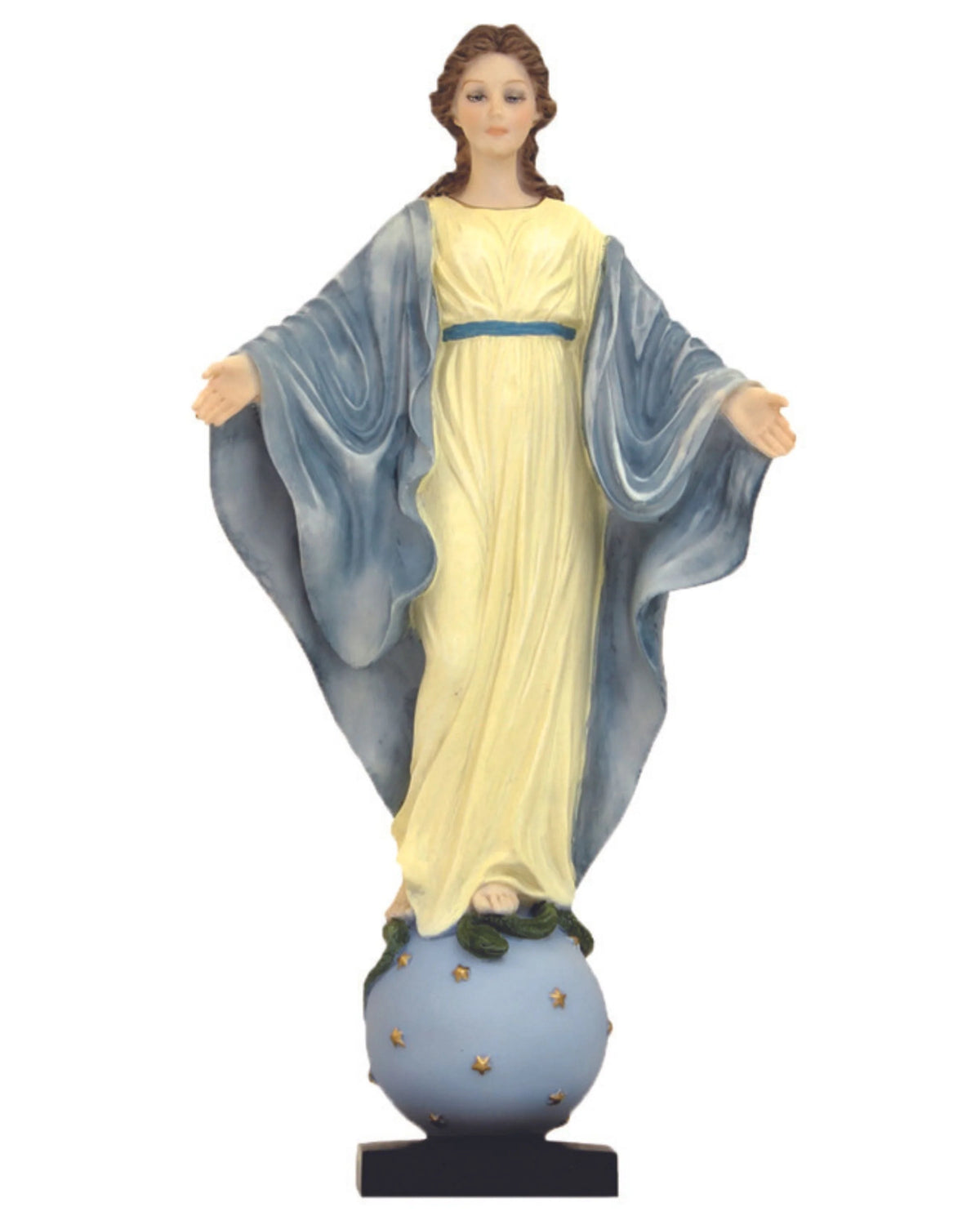 Statue of a woman in a yellow dress with blue shawl on a white background
