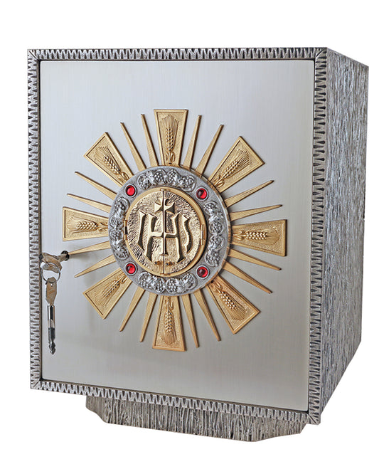 Decorative box with gold and silver emblem on a white background