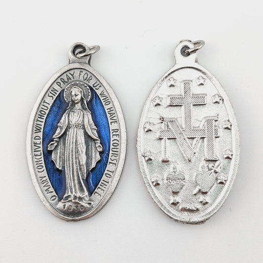 Miraculous Medal in Antiqued Silver Finish with Blue Epoxy 1-13/16"