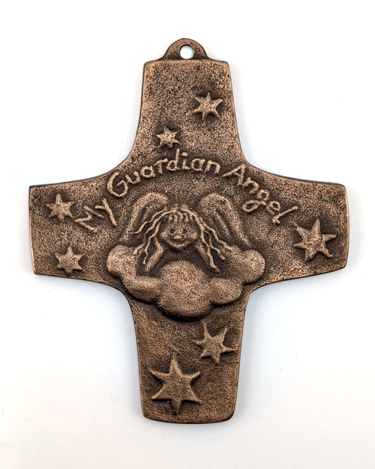 Solid Bronze Guardian Angel Wall Cross 3.5"