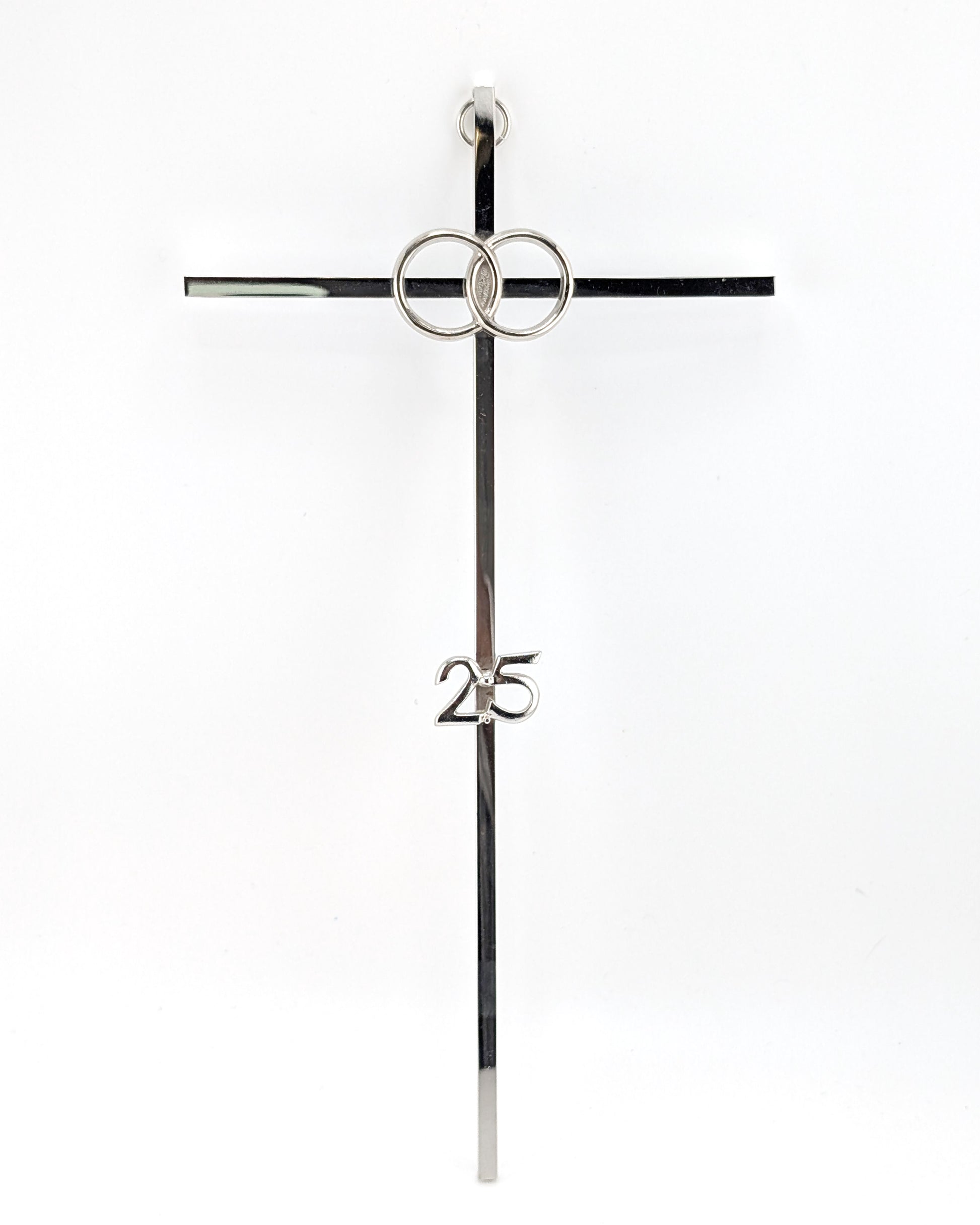A minimalist silver metal wall cross featuring two interlocking rings at the center and the number '25' printed on the lower vertical arm, shown against a plain white background.