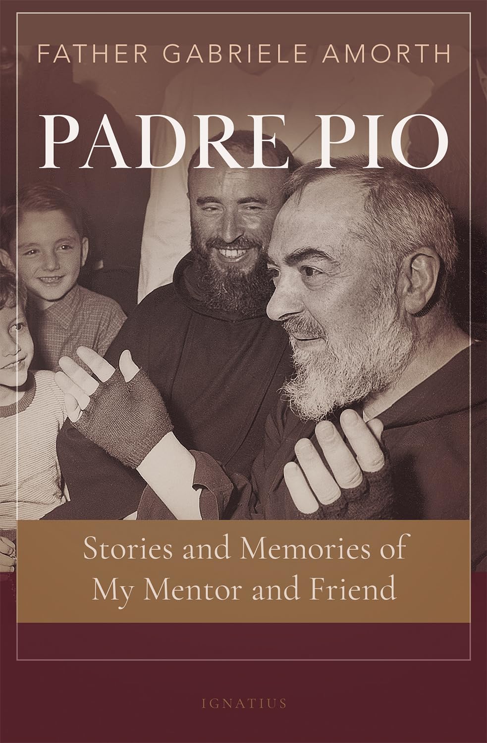 Book cover of 'Padre Pio' with images of a man and children, featuring the title and author's name.