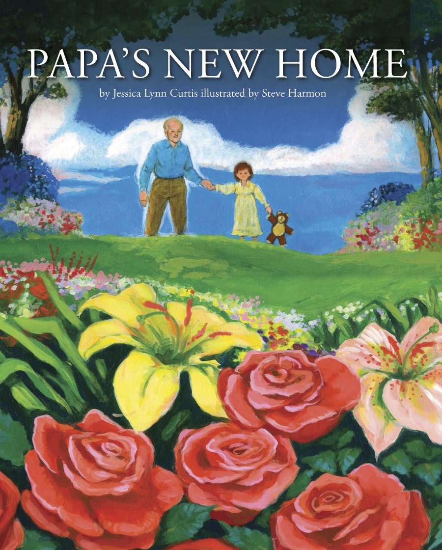 Book cover of 'Papa's New Home' with a man and child holding hands in a garden.
