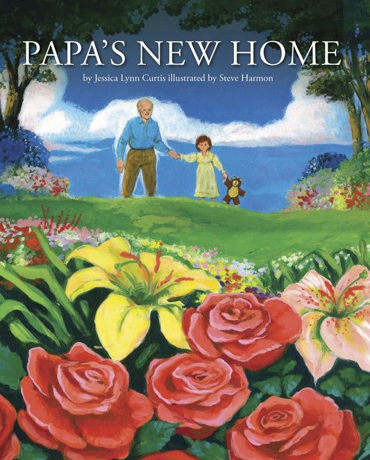 Book cover of 'Papa's New Home' with a man and child holding hands in a garden.