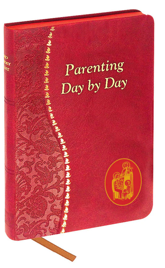 Red book titled 'Parenting Day by Day' with gold text on a white background