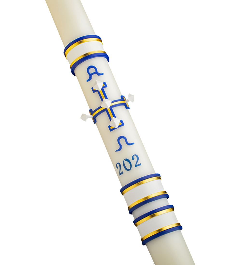 Candle with blue and gold ribbons and symbols on a white background