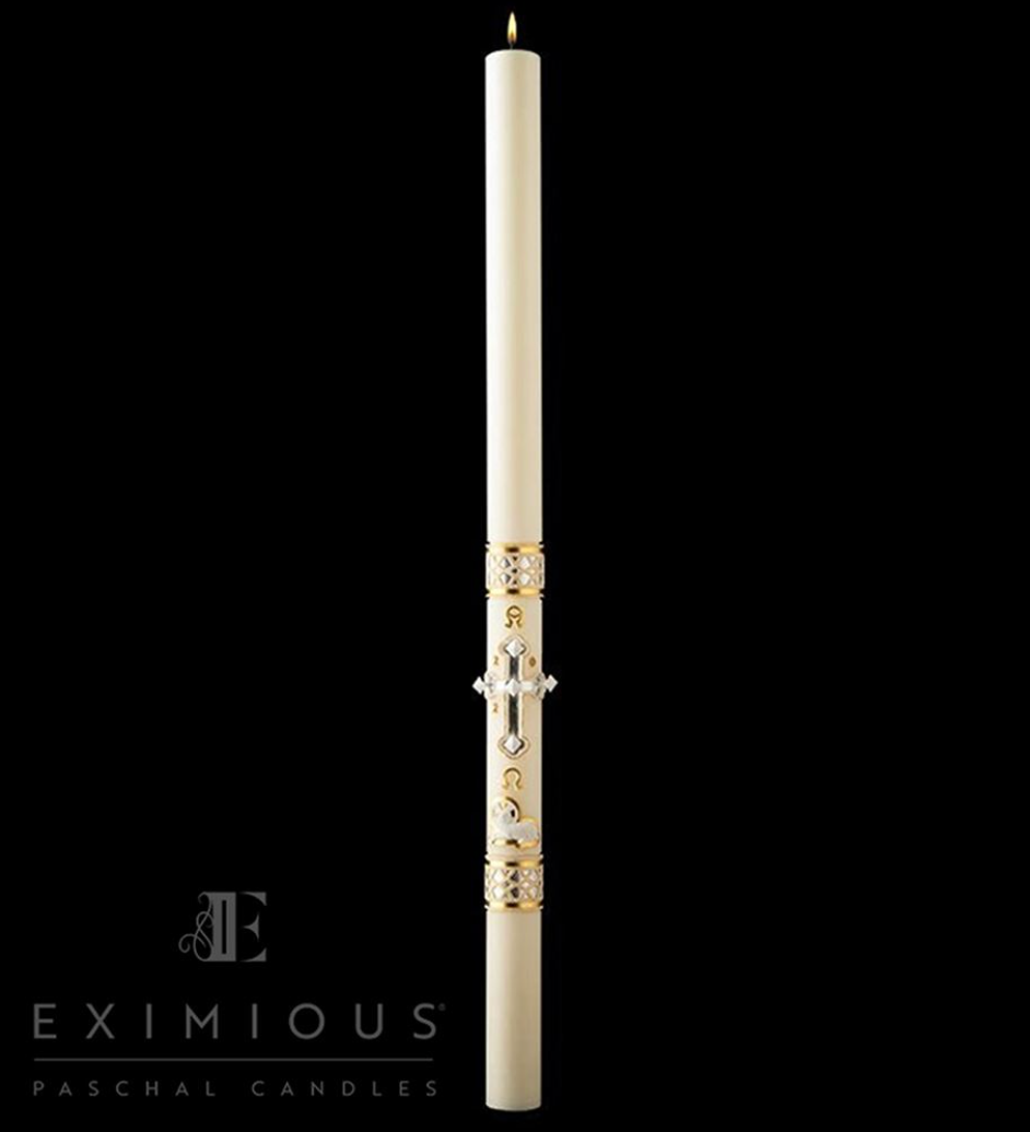 White candle with gold cross design on a black background, branded 'Eximious'.