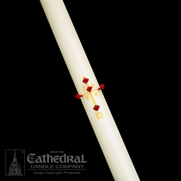 White candle with a red cross design on a black background, featuring the Cathedral Candle Company logo.