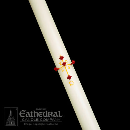White candle with a red cross design on a black background, featuring the Cathedral Candle Company logo.