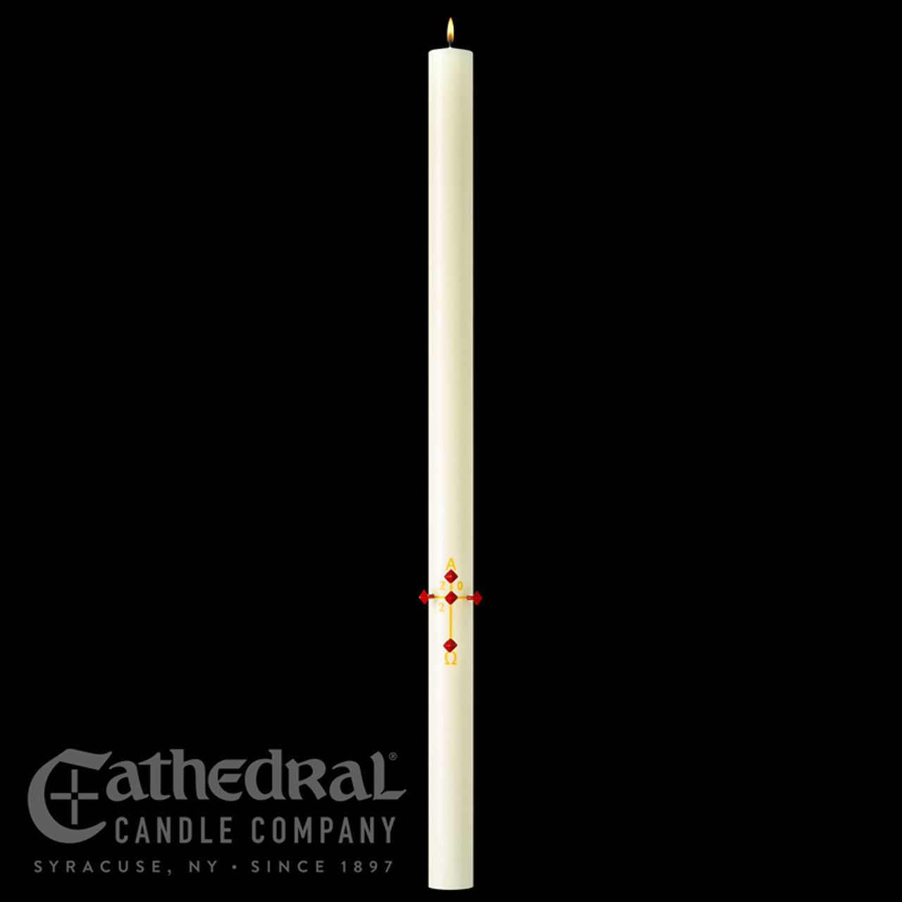 White candle with a red cross design on a black background, featuring the Cathedral Candle Company logo.