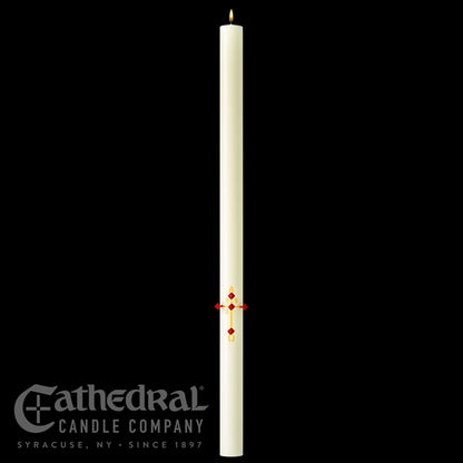 White candle with a red cross design on a black background, featuring the Cathedral Candle Company logo.