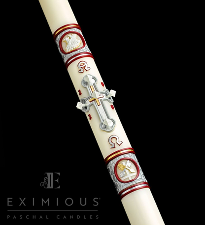 Decorative Paschal candle with religious symbols on a black background, featuring the brand 'Eximious'.