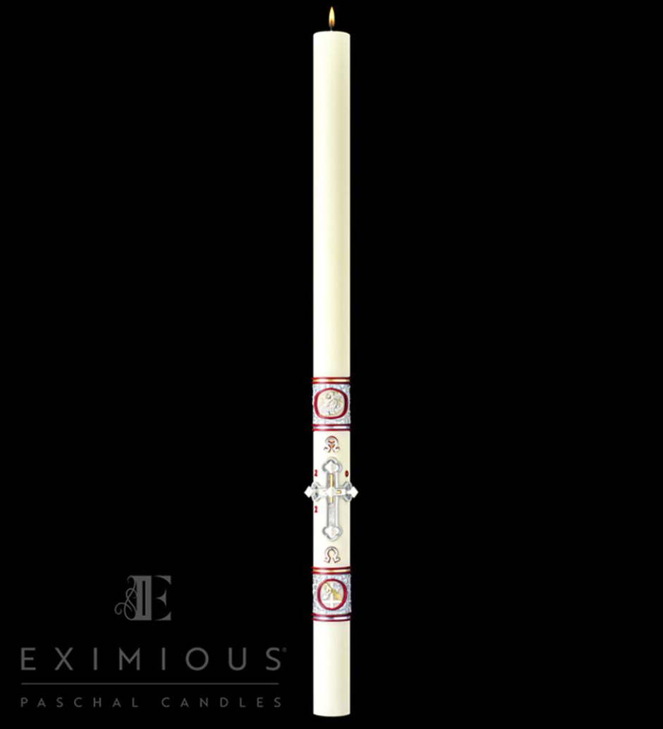 Decorative candle with Eximious Paschal Candles branding on a black background