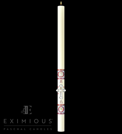 Decorative candle with Eximious Paschal Candles branding on a black background