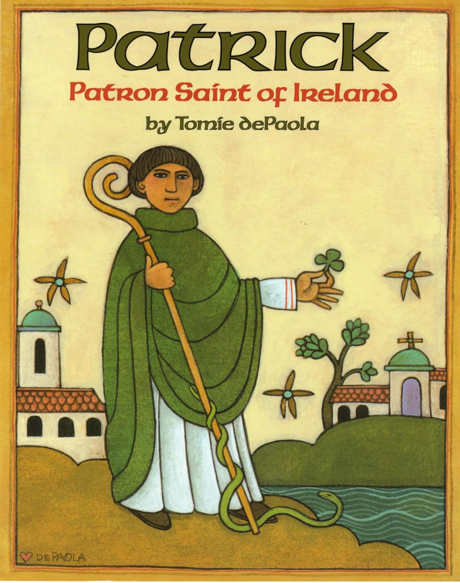 Illustration of St. Patrick with a staff, wearing green robes, against a background featuring a village, churches, and a blue sky.