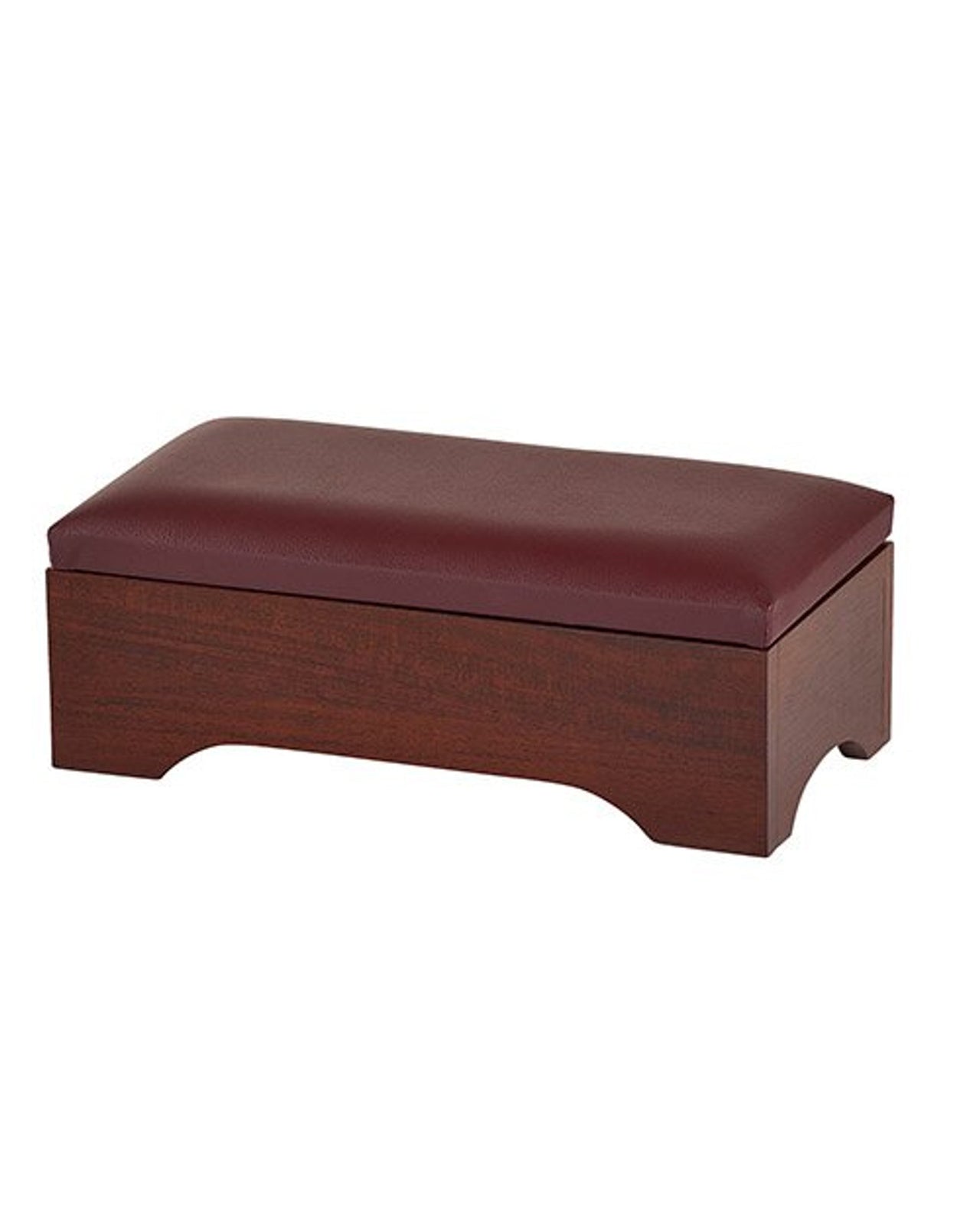 Brown leather ottoman with wooden base on a white background