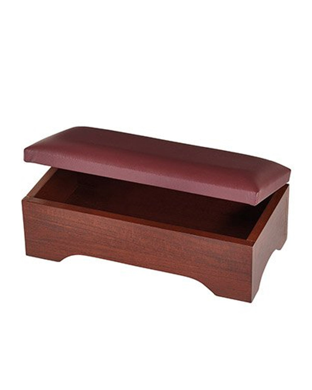 Wooden ottoman with a cushioned top on a white background