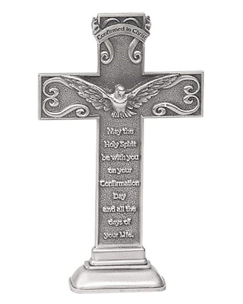 Decorative cross with angelic design and engraved text on a white background