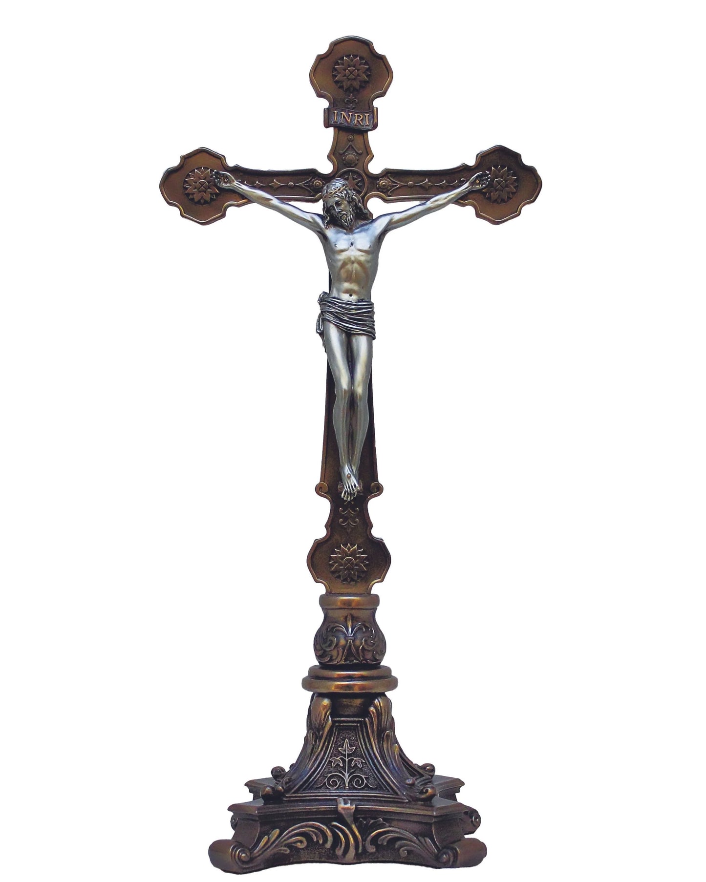 Pewter and Bronze Ornate Standing Crucifix 13"