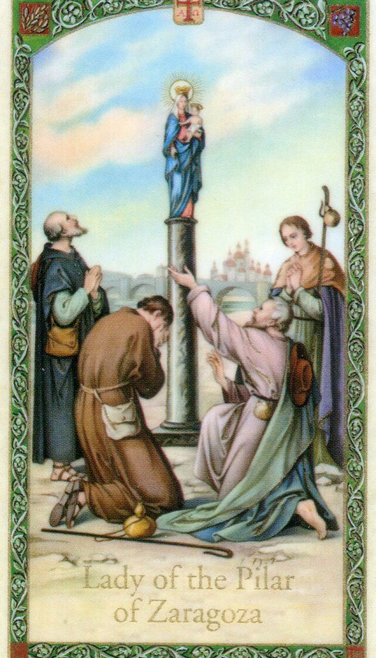 Religious card featuring a scene with a statue of a woman holding a child, surrounded by people in a scenic setting.