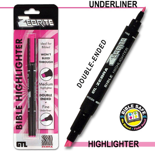 Zebra Bible highlighter with packaging and 'bible safe' certification logo.