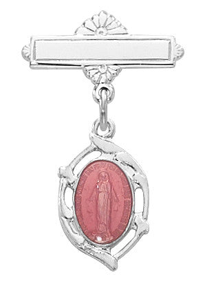A sterling silver pin with a white ribbon and pink enamel detailing, featuring an image of the Miraculous Medal.