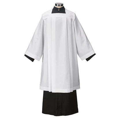 White robe with black trim on a mannequin against a white background