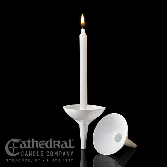 White candle in a decorative candle holder with 'Cathedral Candle Company' branding on a black background.