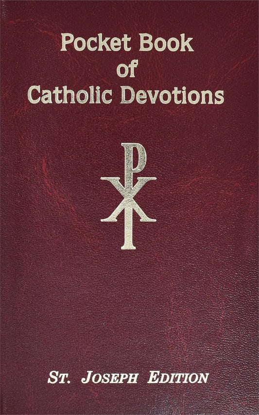 Red book cover with 'Pocket Book of Catholic Devotions' text and a symbol on a red background