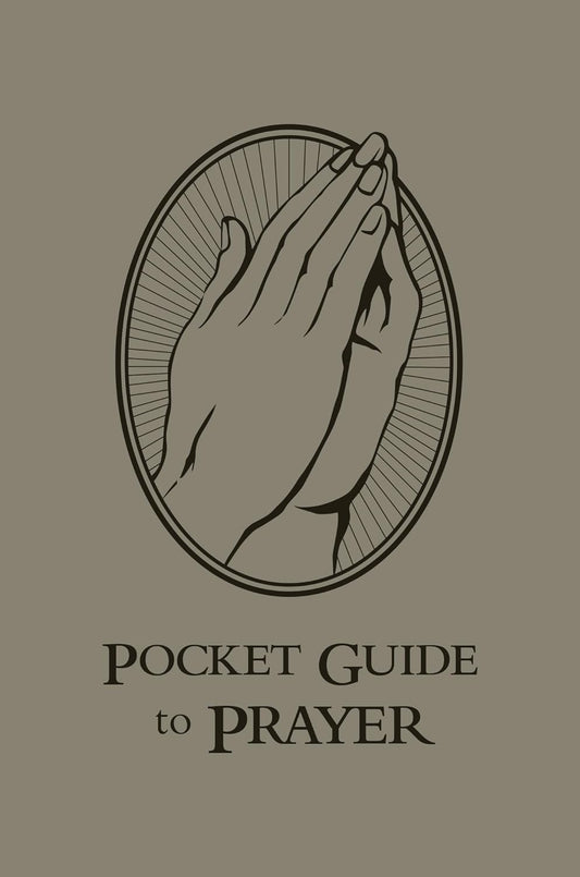 Cover of 'Pocket Guide to Prayer' with a design of clasped hands in an oval frame on a brown background.