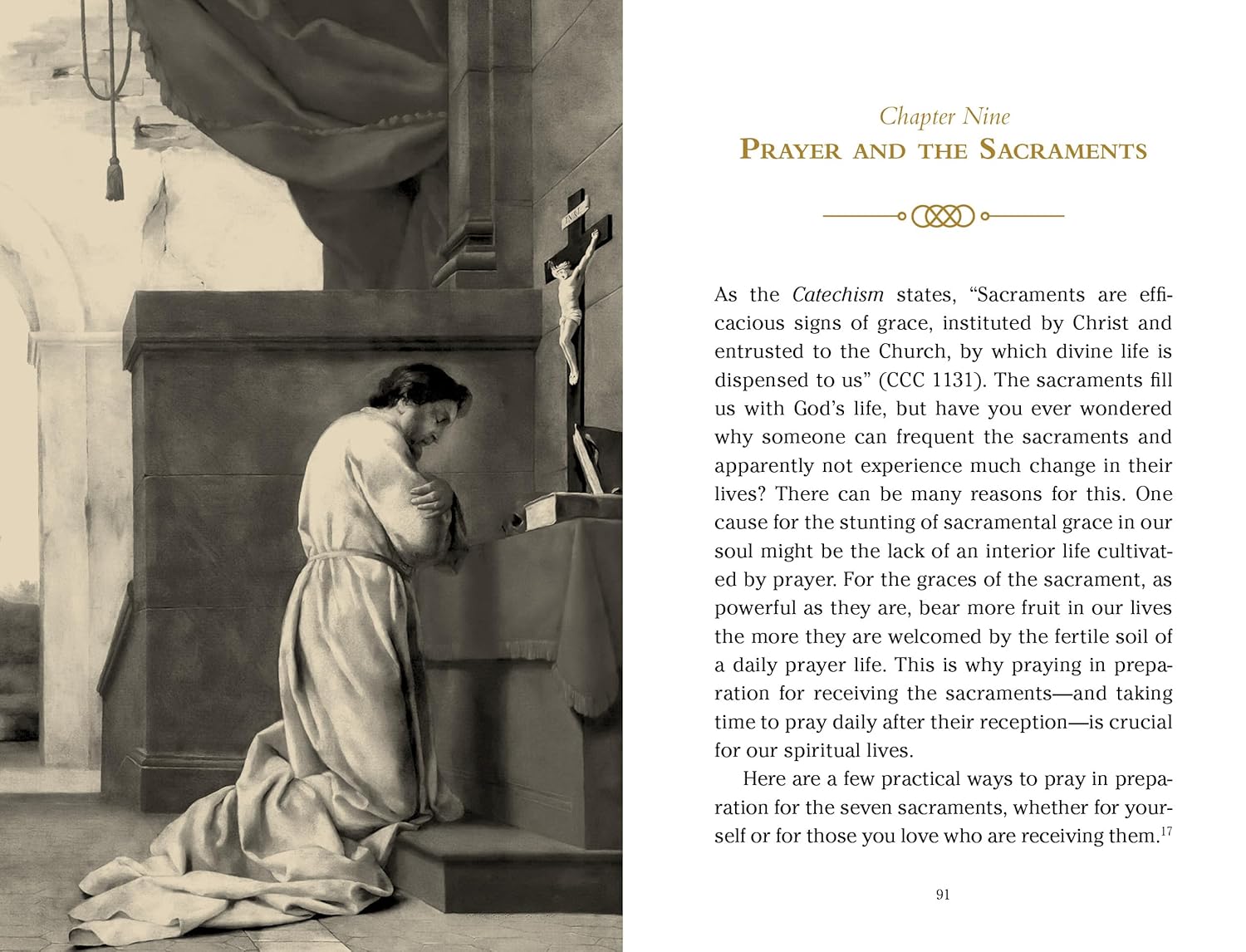 Book page with a historical illustration of a person praying and text about prayer and sacraments.