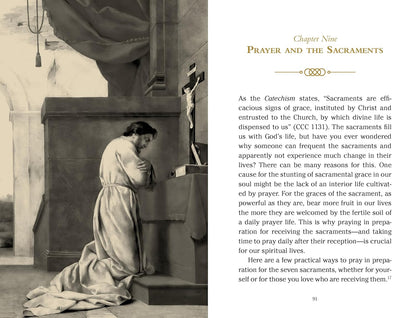 Book page with a historical illustration of a person praying and text about prayer and sacraments.