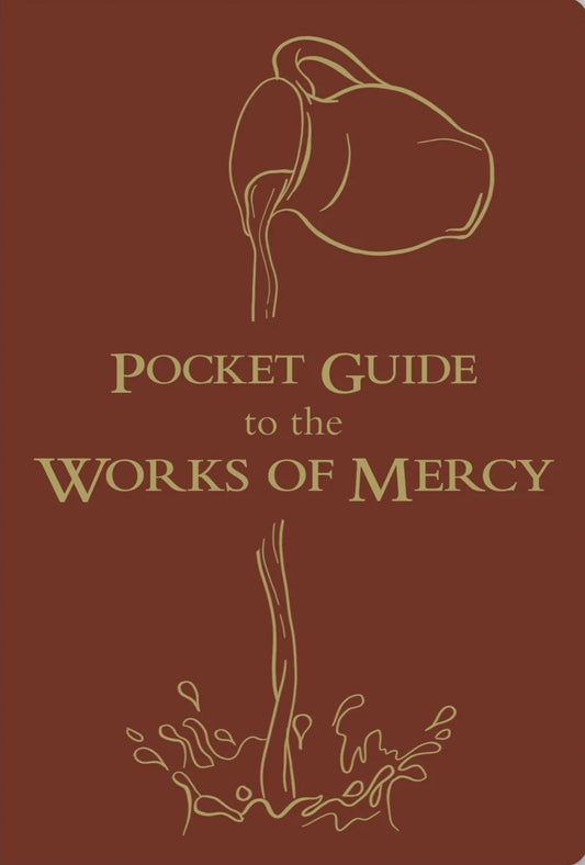 Brown book titled 'Pocket Guide to the Works of Mercy' on a light gray background