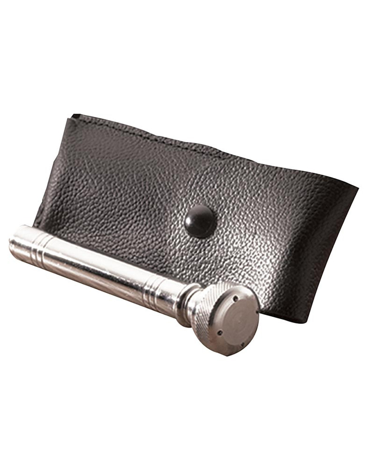 Metallic pen with black leather case on a white background