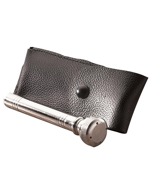 Metallic pen with black leather case on a white background