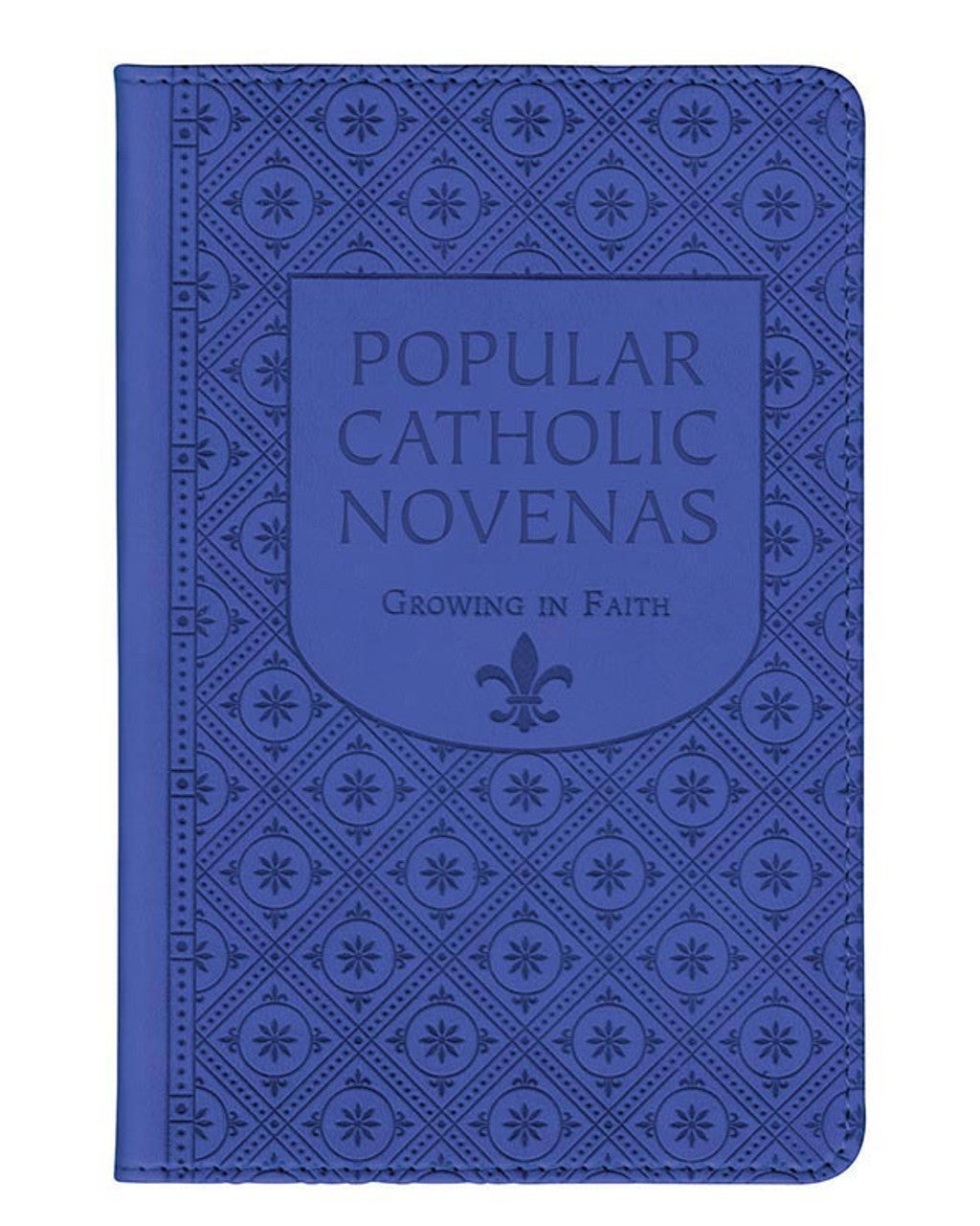Blue book titled 'Popular Catholic Novenas: Growing in Faith' with decorative patterns on a white background