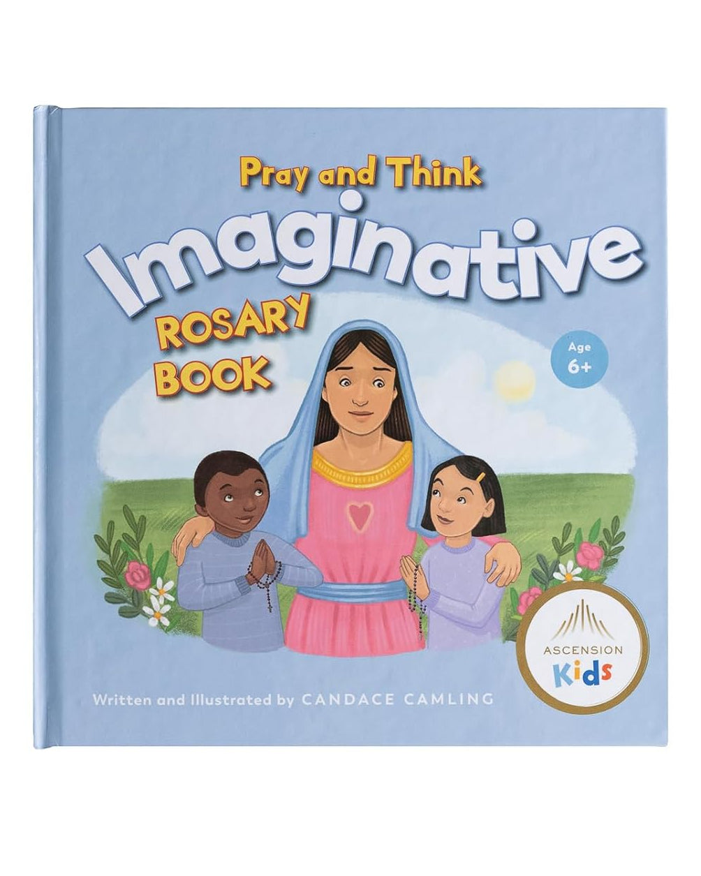 Book titled 'Imaginative Rosary Book' with illustrations of a woman and two children on a blue background.