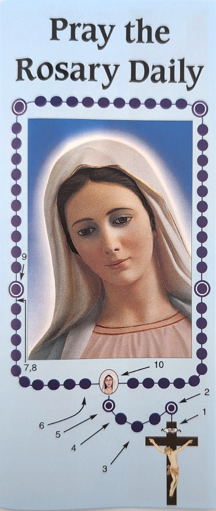 Poster with a depiction of a religious figure, rosary beads, and text 'Pray the Rosary Daily' on a light blue background.